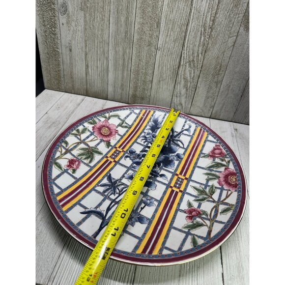 Vintage Oriental Accent Decorative Wall Plate Blue Pink Floral Design 12'' Round - Picture 5 of 6